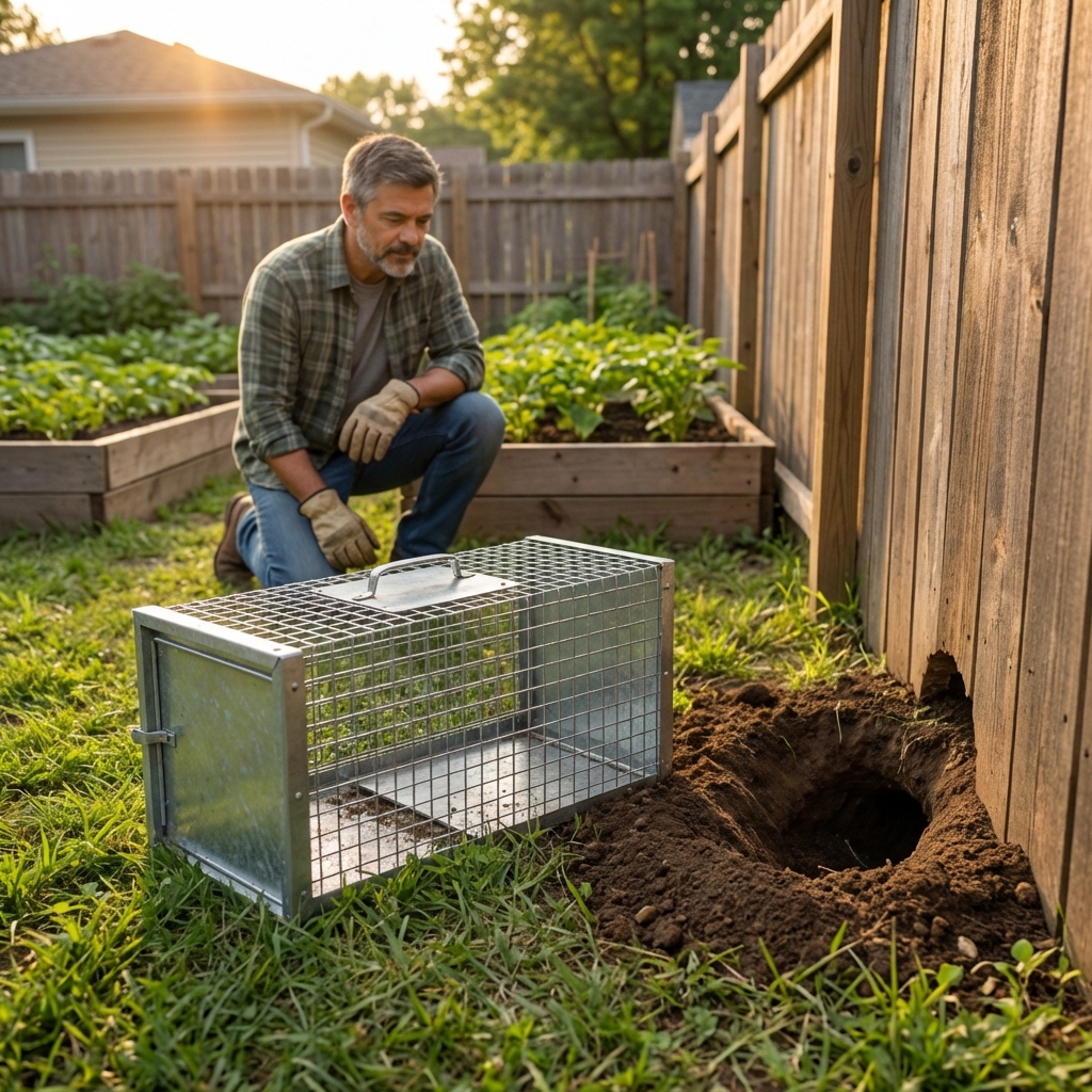 A metal live trap set on grass near a groundhog burrow opening at the edge of a backyard