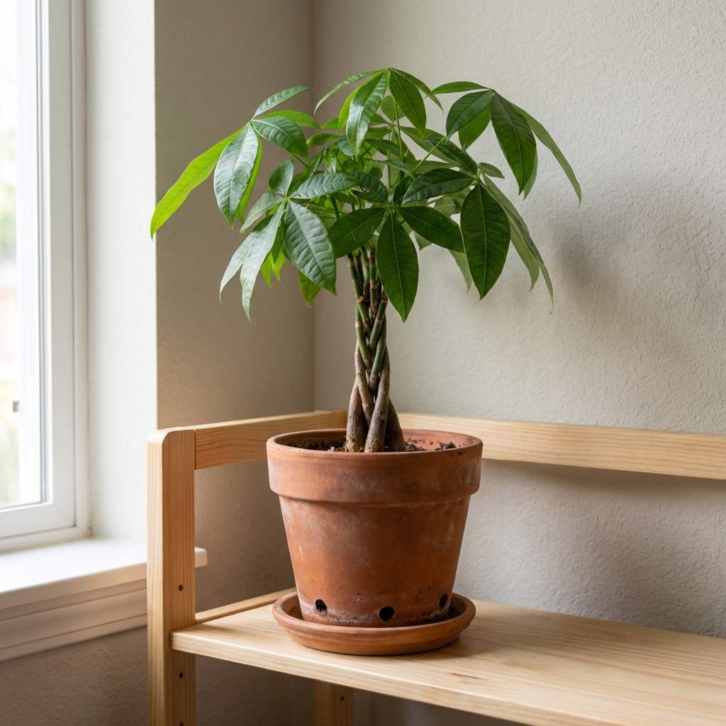 A money tree in a terracotta pot with visible drainage holes on a simple indoor shelf