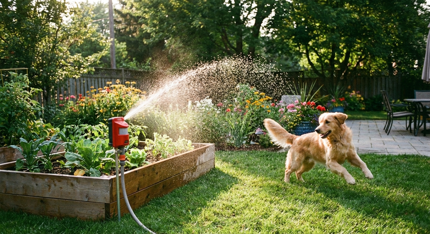 A motion-activated garden sprinkler installed near a raised bed on a lawn, spraying a short arc of water in a sunny backyard