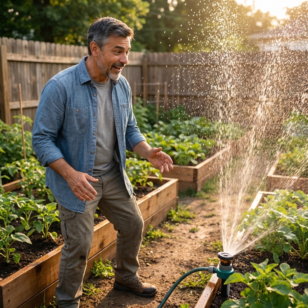 A motion-activated sprinkler positioned at the edge of a vegetable garden near a path