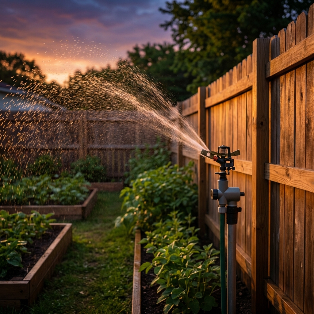 A motion-activated sprinkler set near a garden fence line at dusk