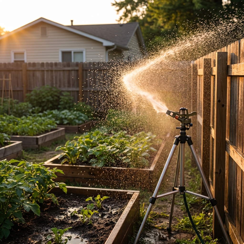 A motion-activated sprinkler set up along the edge of a vegetable garden at dusk