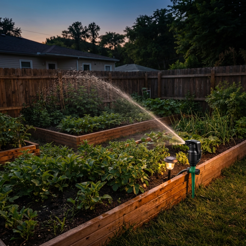 A motion-activated sprinkler set up along the edge of a vegetable garden in the evening