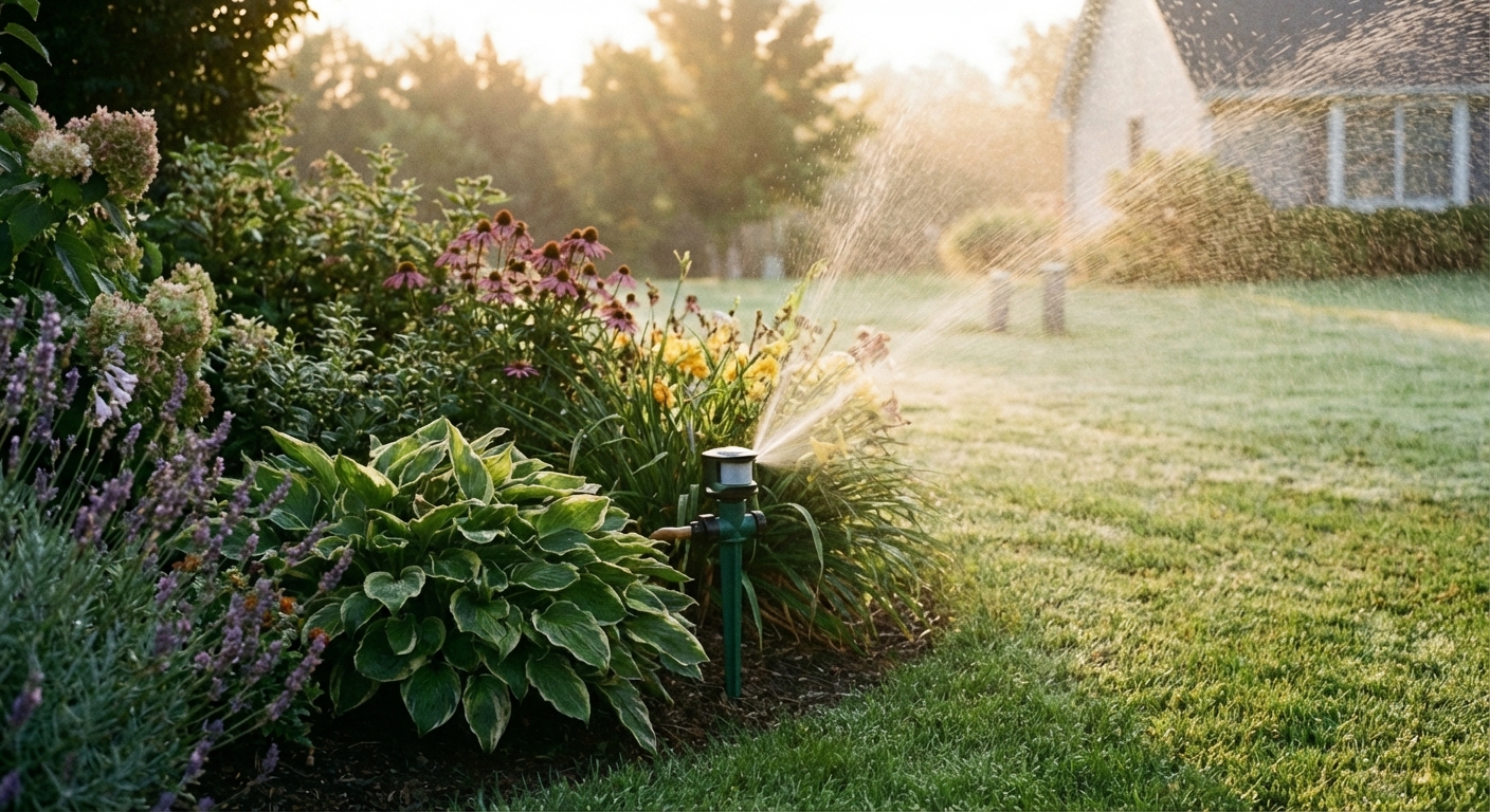 A motion-activated sprinkler set up next to a garden bed in a backyard at dusk