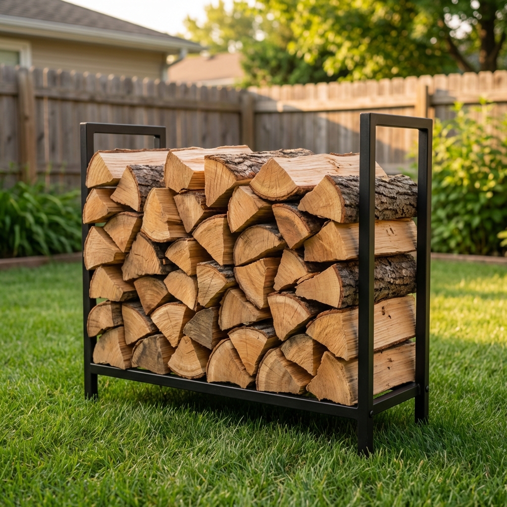A neat stack of firewood on a rack in a backyard with short grass and no debris around it