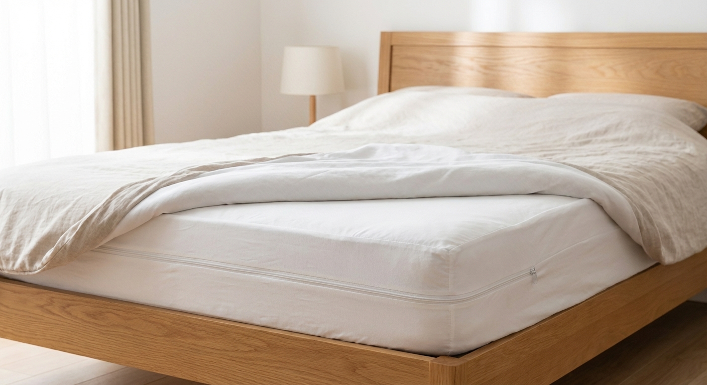 A neatly made bed with a white zippered mattress encasement in a bright, tidy bedroom