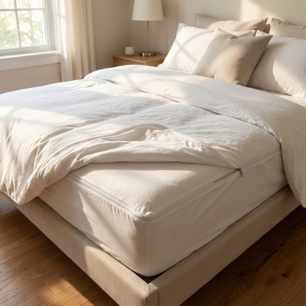 A neatly made bed with a white zippered mattress encasement partially visible