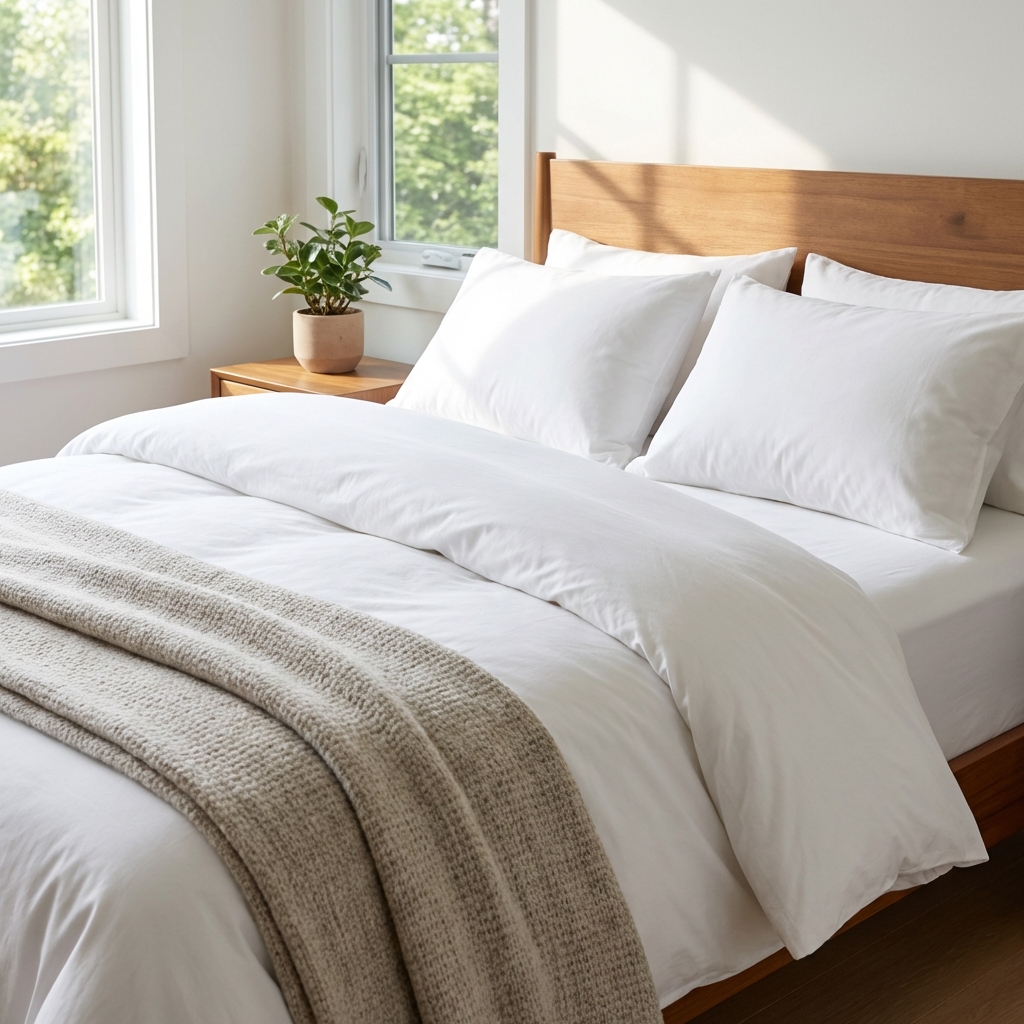 A neatly made bed with white sheets in a bright bedroom