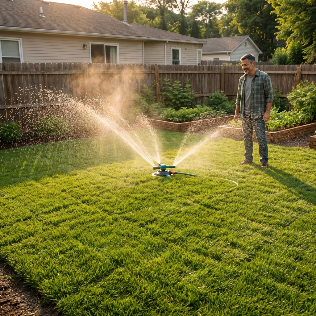 A newly installed sod lawn being watered with a sprinkler in late afternoon light