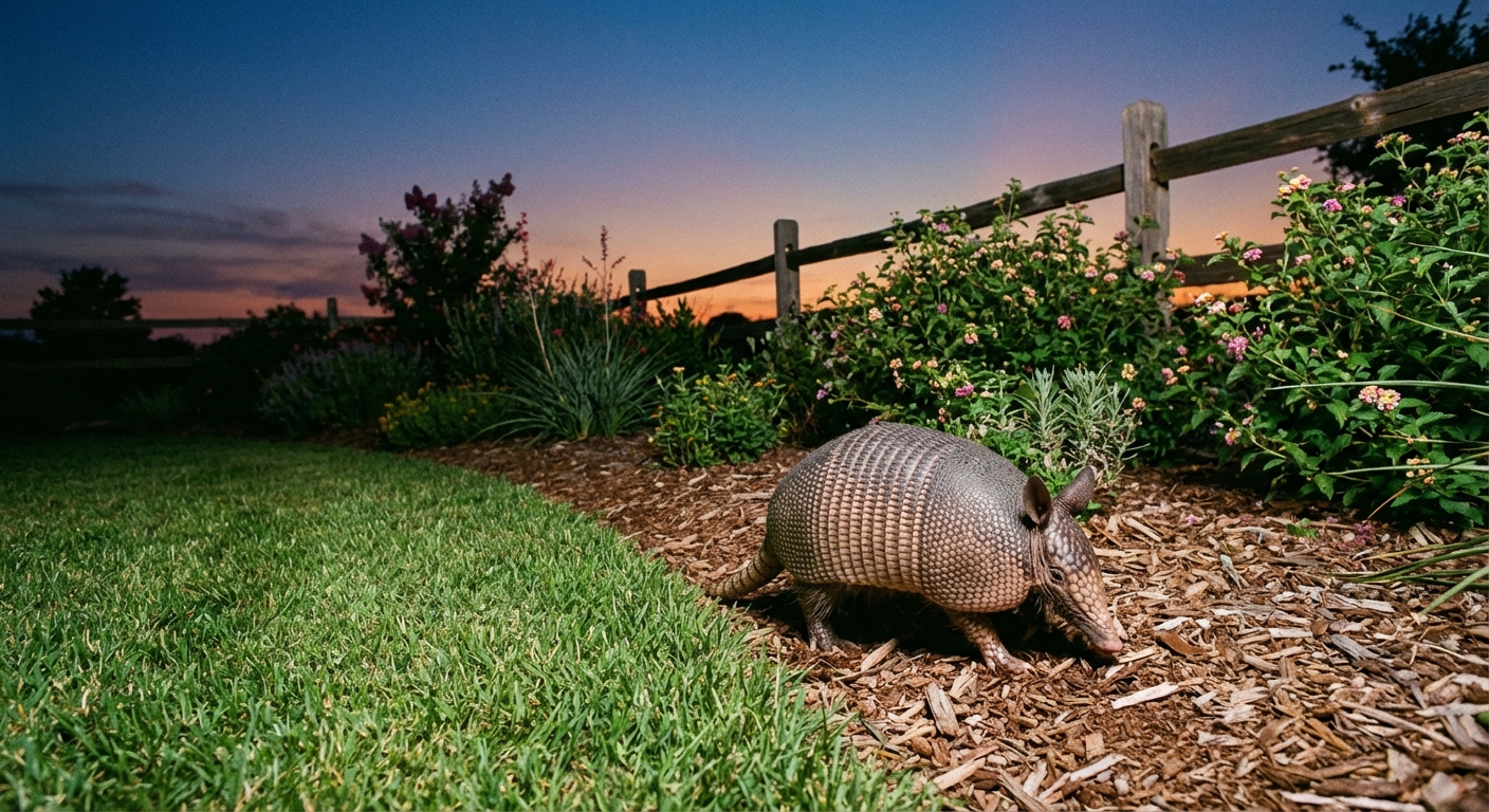 A nine-banded armadillo walking along the edge of a lawn near a mulched garden bed at dusk, captured in a realistic backyard wildlife photo