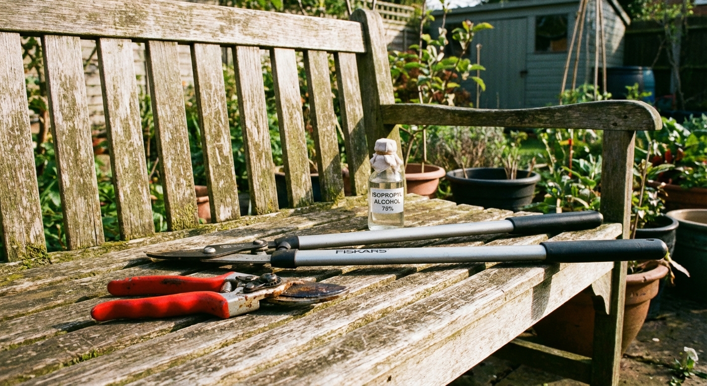 A pair of bypass pruners, loppers, and a small bottle of rubbing alcohol laid on a wooden garden bench