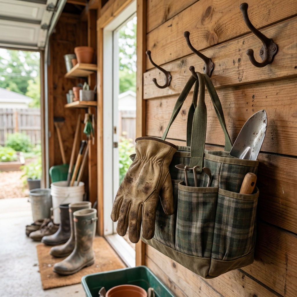 A pair of gardening gloves and a canvas garden tote hanging on hooks in a garage entryway