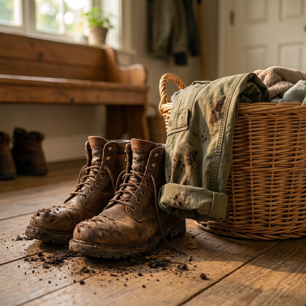 A pair of muddy garden boots and rolled-up work pants placed next to a laundry basket in a mudroom