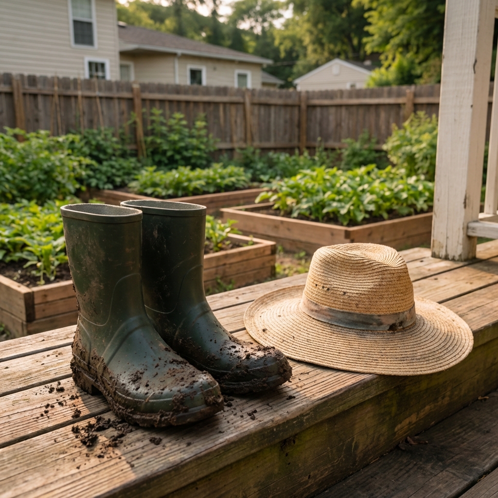 A pair of muddy rubber boots sitting on a porch step next to a straw hat