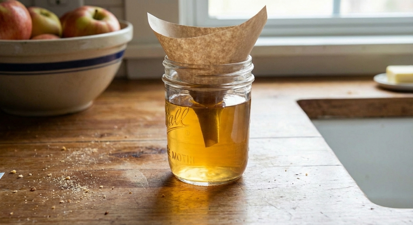 A paper cone funnel placed in the mouth of a glass jar used as a fruit fly trap