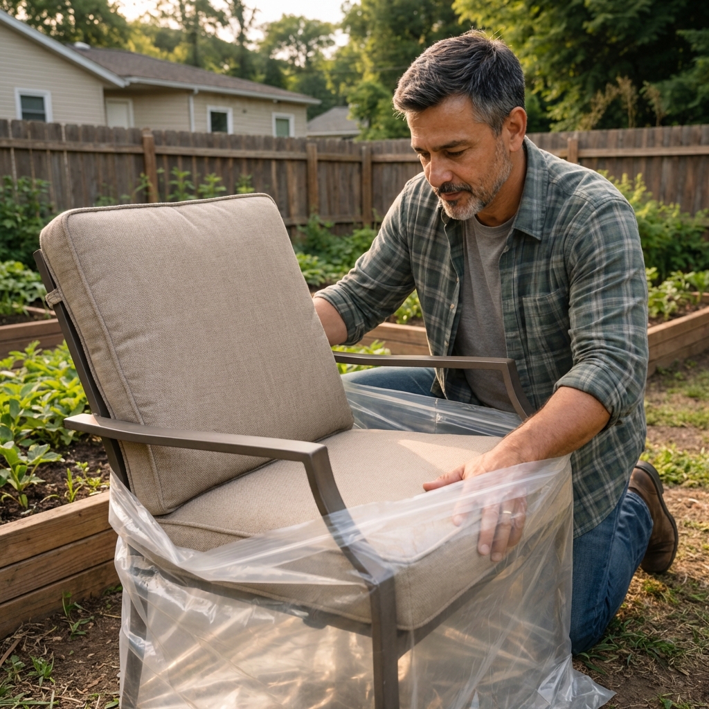 A patio chair with a removable cushion being placed into a large clear plastic bag outdoors