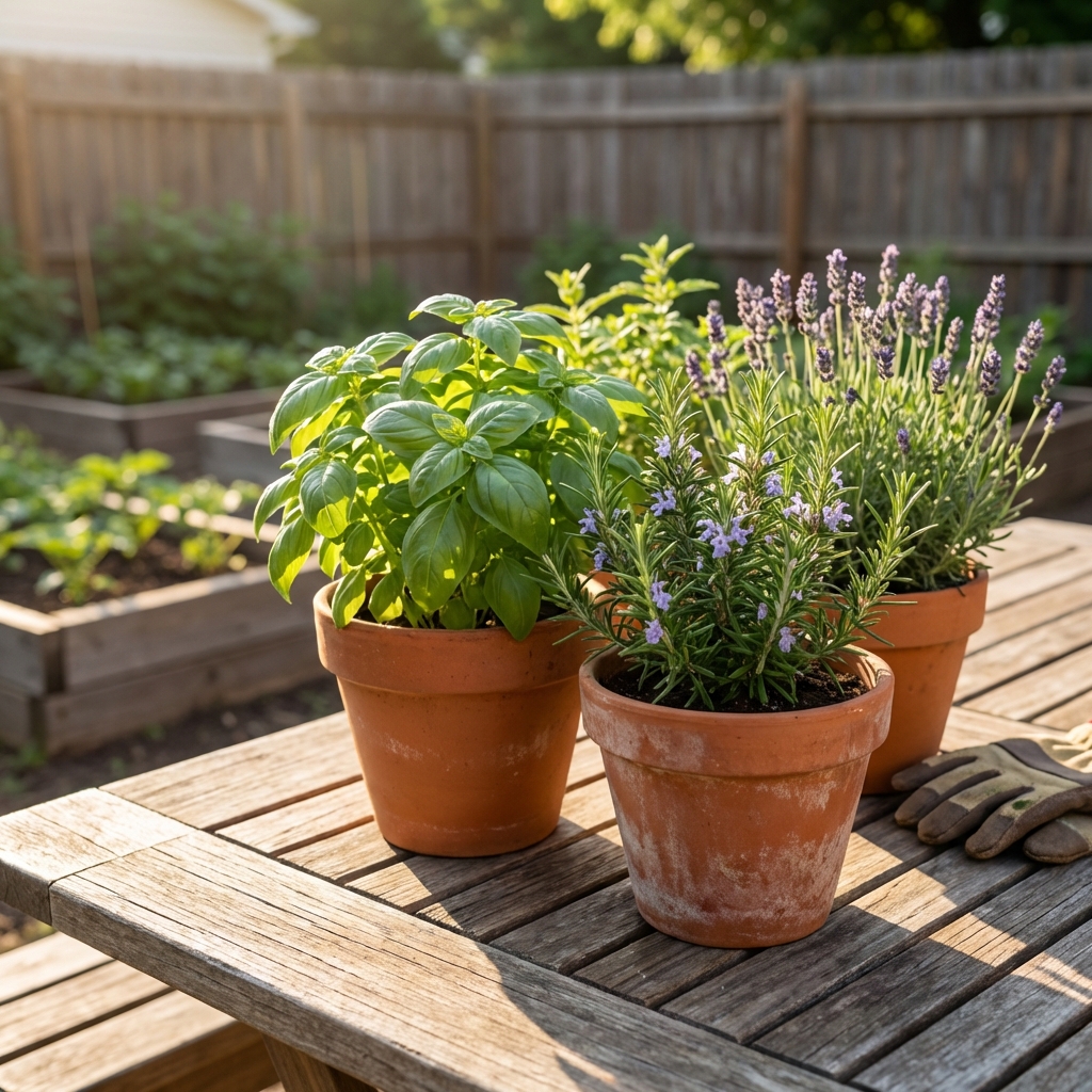 A patio table with pots of basil, rosemary, and lavender in bright sunlight