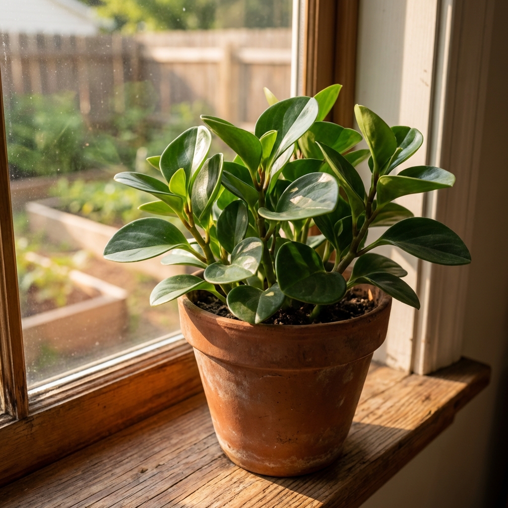A peperomia with thick glossy green leaves in a terracotta pot on a windowsill
