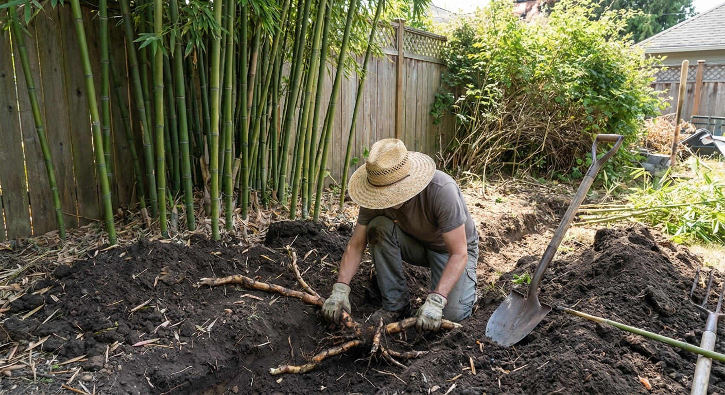 A person digging in soil with a shovel while pulling thick bamboo rhizomes from the ground, backyard setting with bamboo culms in the background, photorealistic