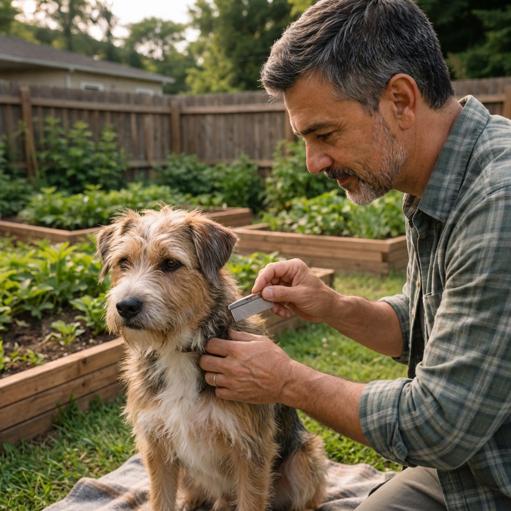 A person gently flea-combing a medium-sized dog outdoors in natural daylight