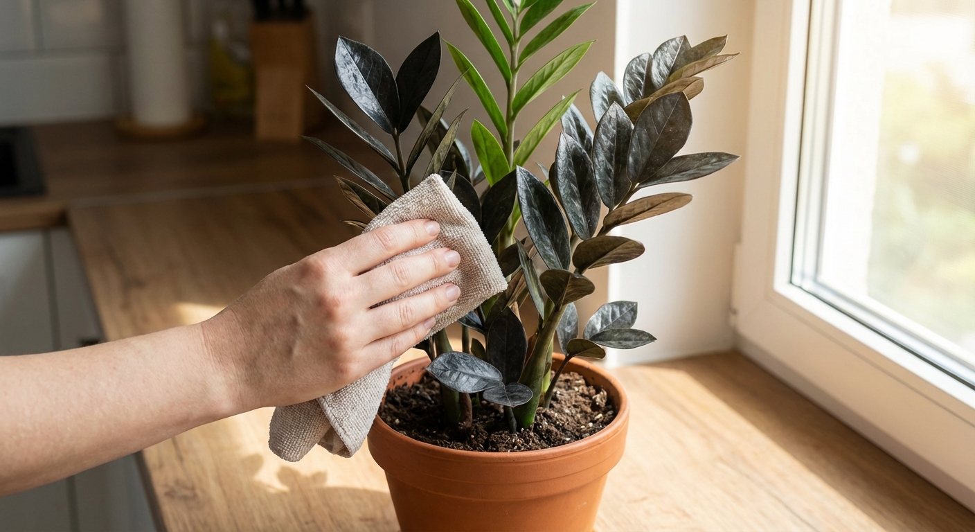 A person gently wiping dust from ZZ plant leaves with a soft damp cloth in a bright kitchen, close-up on the glossy leaflets, photorealistic