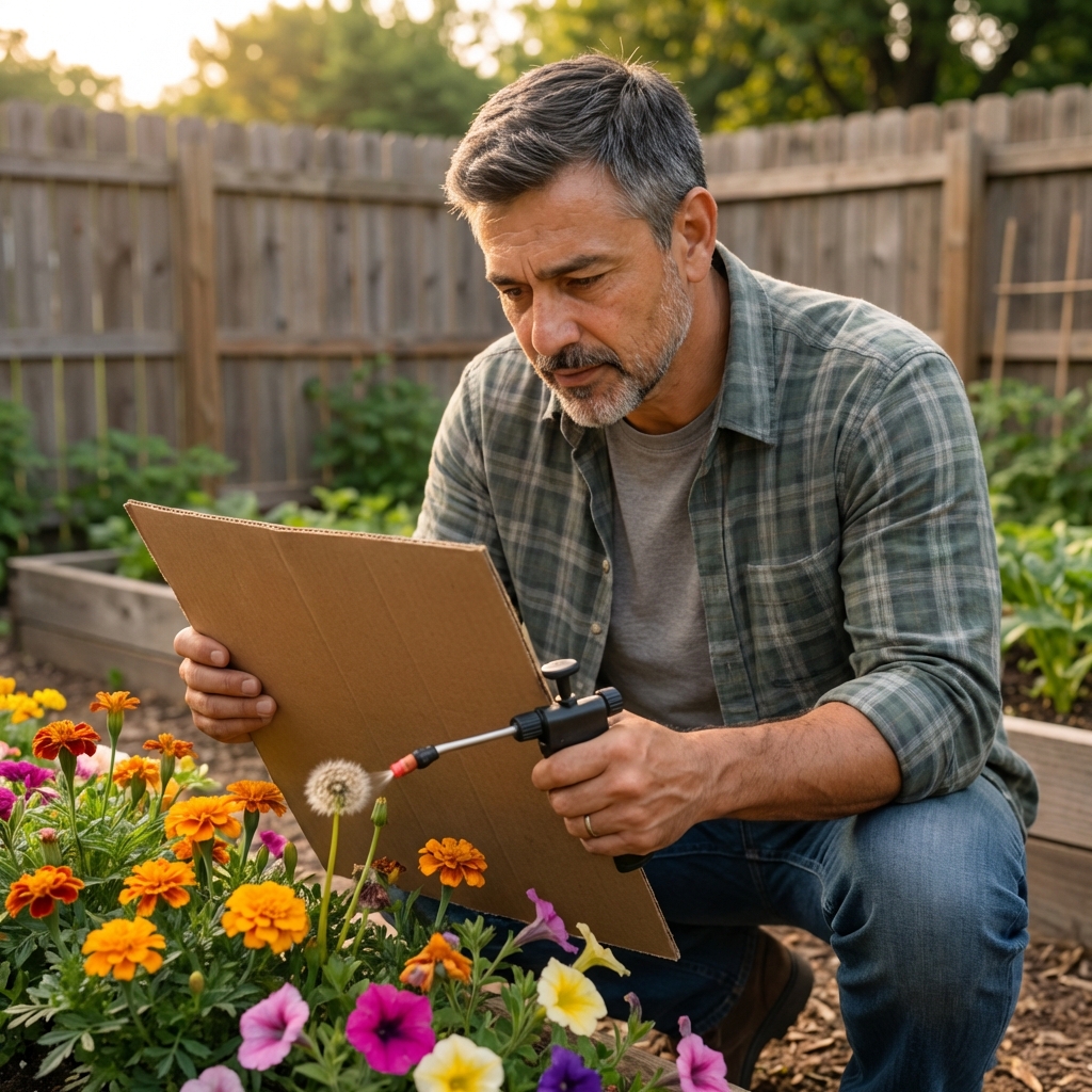 A person holding a piece of cardboard as a shield while spraying a single weed near garden flowers