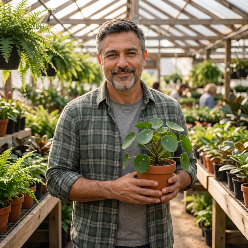 A person holding a small healthy houseplant in a nursery aisle with natural light