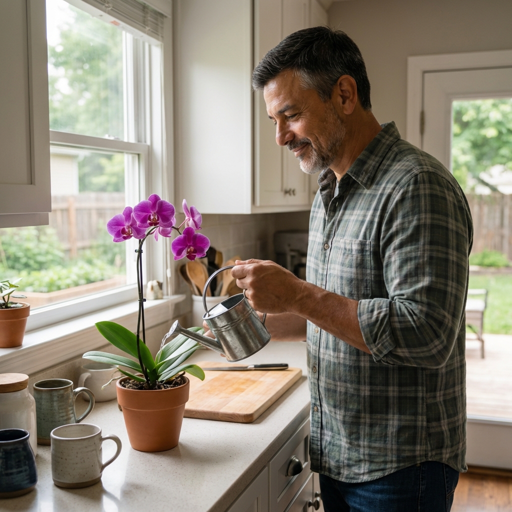 A person holding a small watering can next to an orchid pot on a kitchen counter