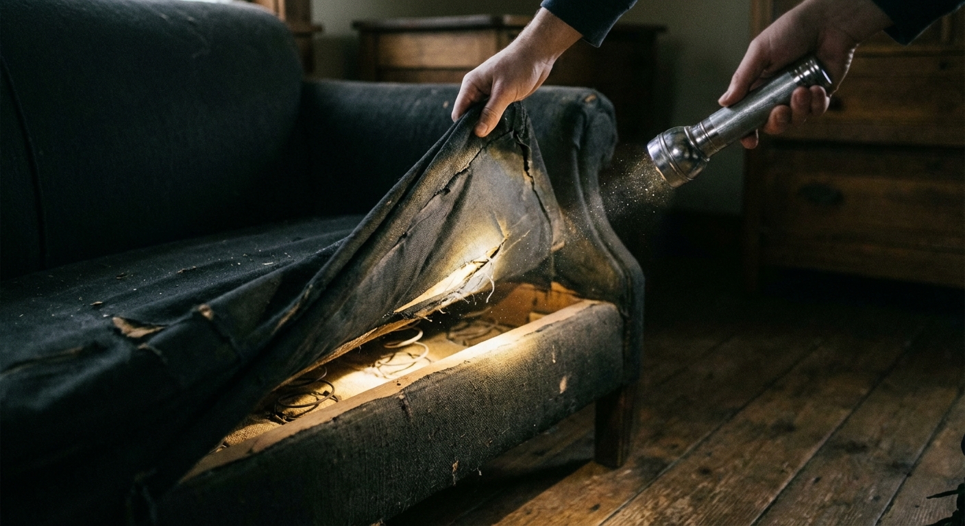 A person lifting the corner of a couch to check the underside fabric with a flashlight