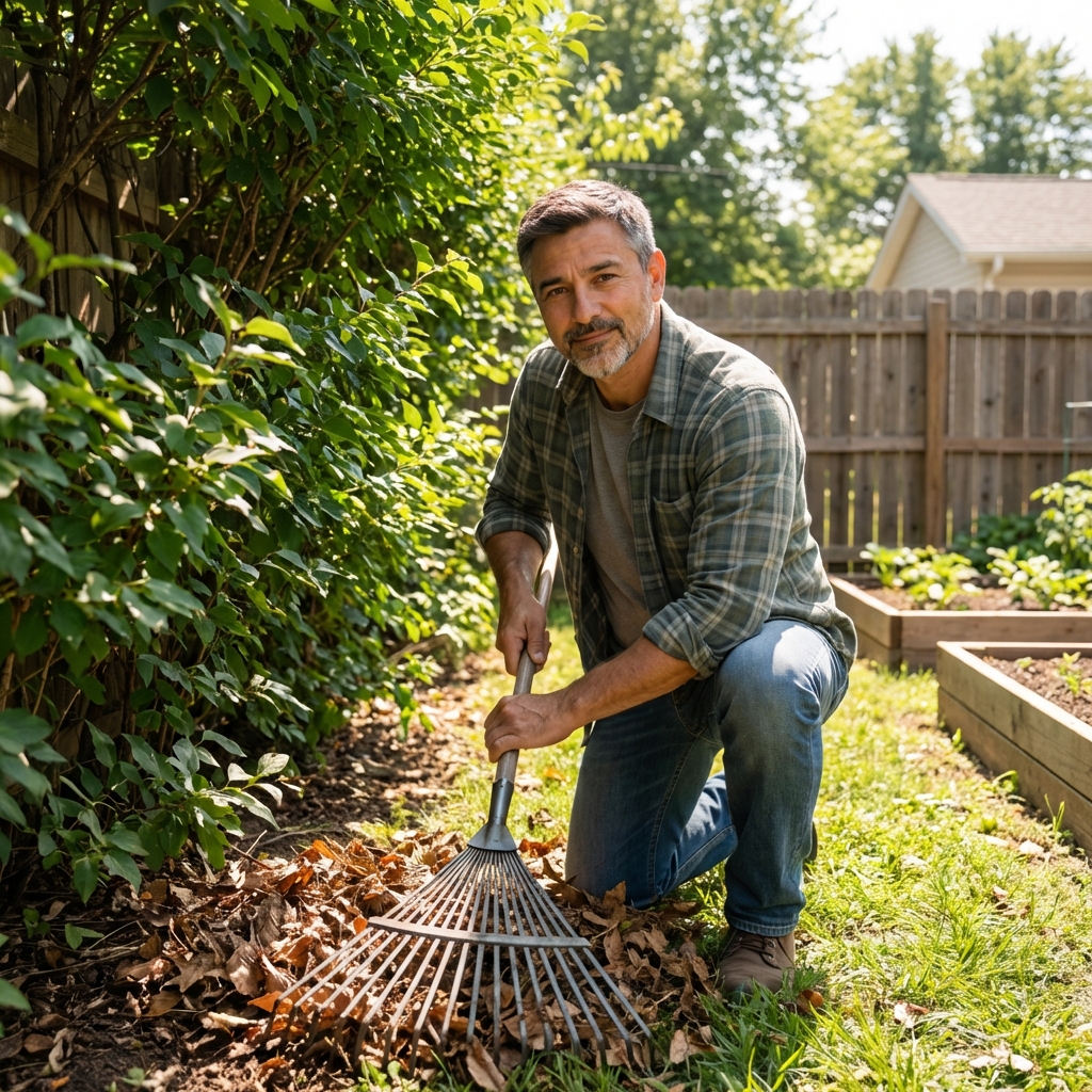 A person raking leaf litter from beneath a hedge in a backyard on a bright day