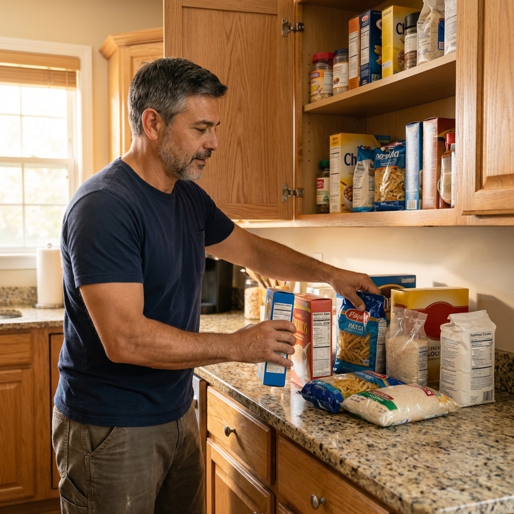 A person removing dry food boxes and bags from a pantry shelf and placing them on a kitchen counter
