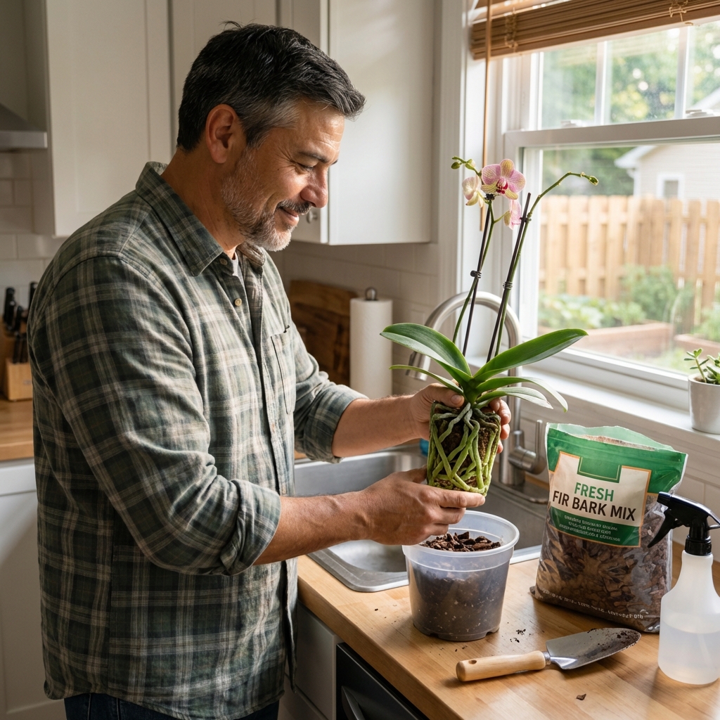 A person repotting an orchid on a kitchen counter with fresh bark mix and trimmed healthy roots