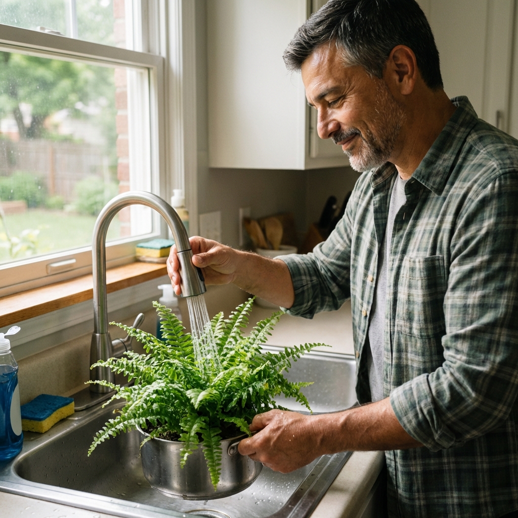 A person rinsing a leafy houseplant in a kitchen sink with a gentle stream of water