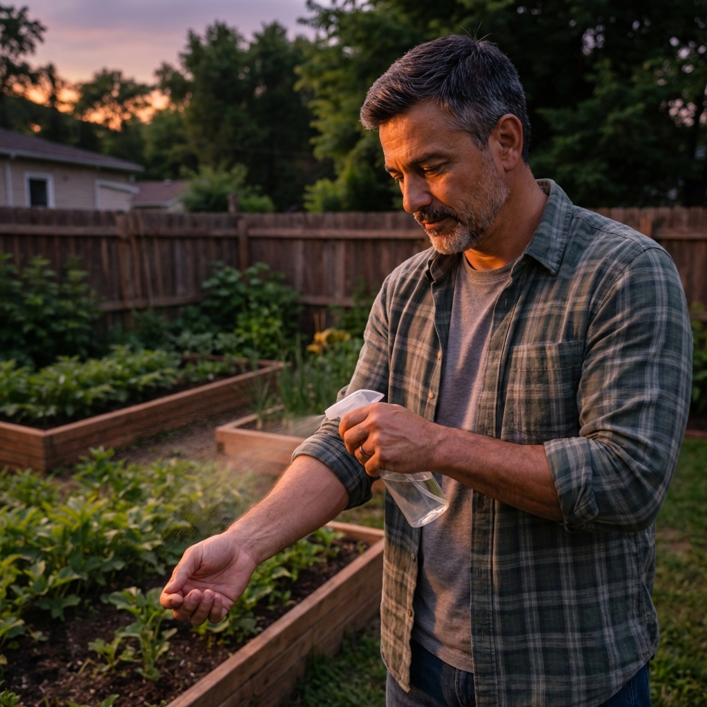 A person spraying a diluted essential oil repellent onto their forearms while standing beside a backyard vegetable garden at dusk