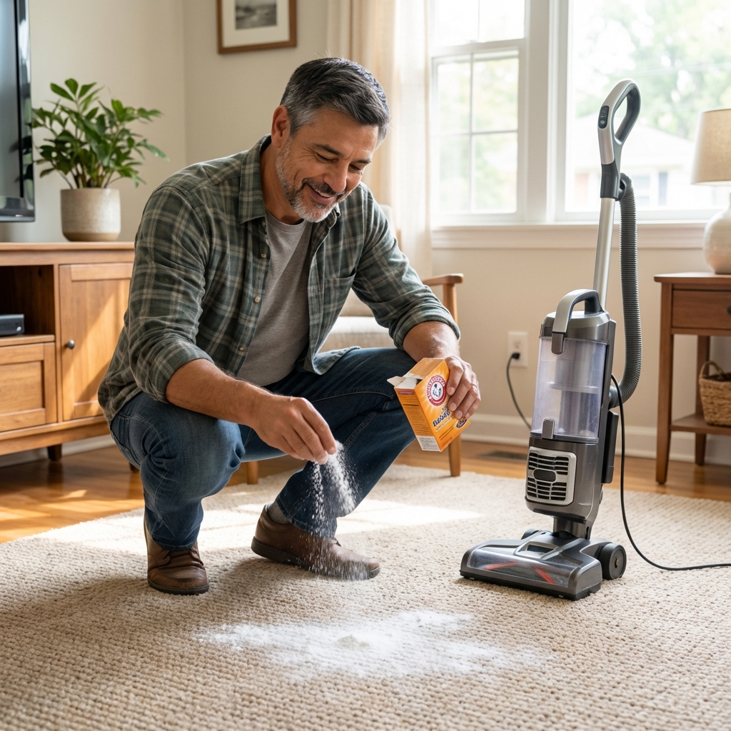 A person sprinkling baking soda onto a carpet in a living room with a vacuum nearby