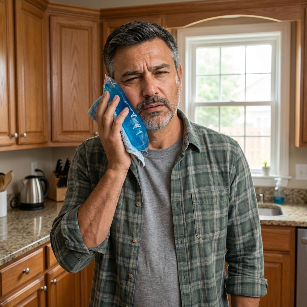A person standing in a kitchen holding an ice pack against a swollen cheek