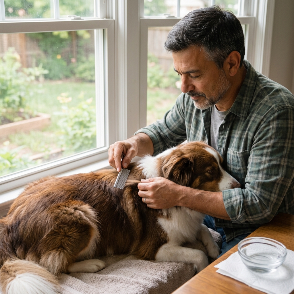 A person using a fine-tooth flea comb on a dog’s fur indoors near a window