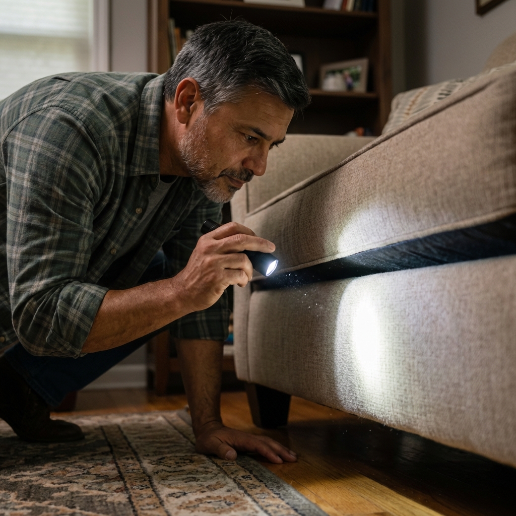 A person using a flashlight to inspect the underside seam of a living room couch near the base