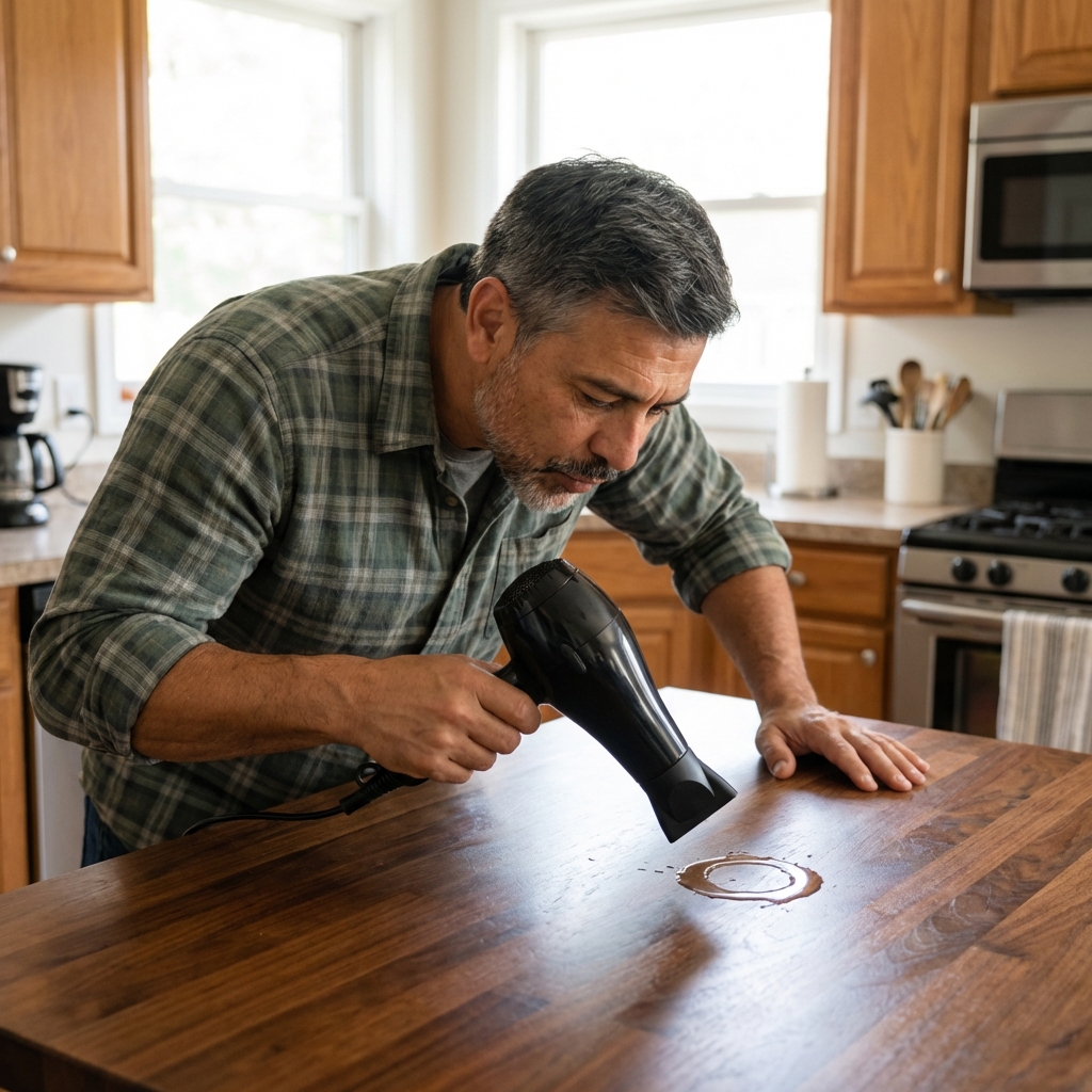 A person using a hair dryer a few inches above a small water ring on a wooden tabletop in a bright kitchen