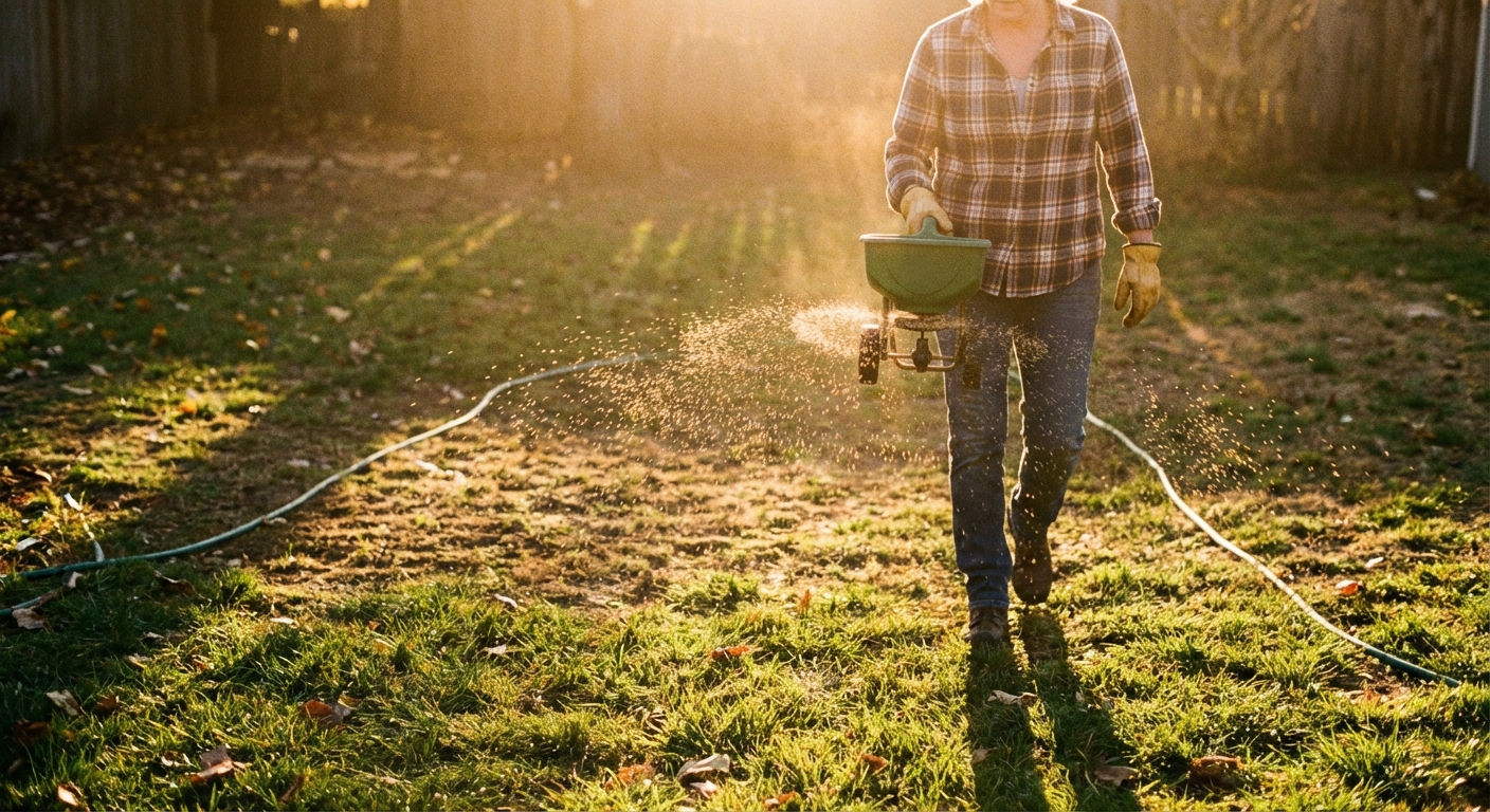 A person using a handheld spreader to overseed a backyard lawn in the late afternoon light