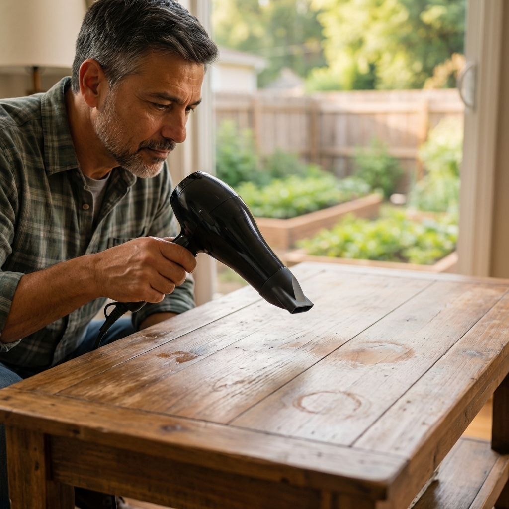 A person using a household hair dryer a few inches above a wooden coffee table surface