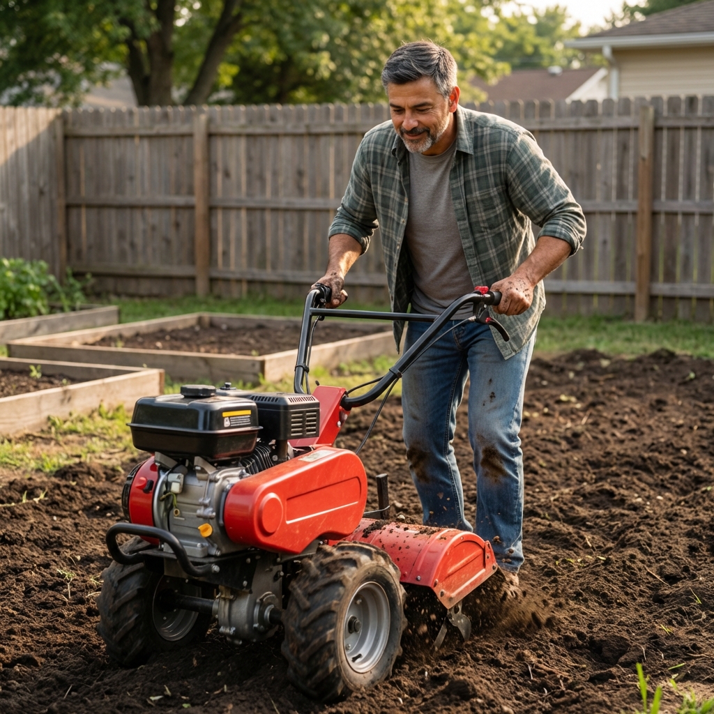 A person using a rototiller on bare soil in preparation for sod installation