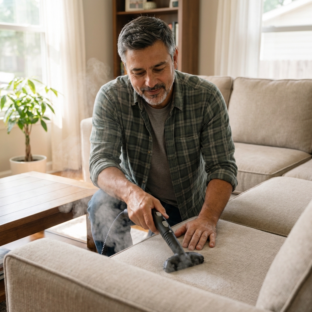 A person using a steam cleaner on a beige couch in a living room