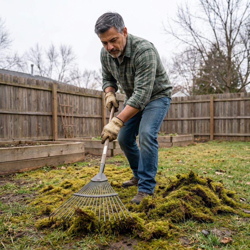 A person using a stiff rake to pull moss out of a lawn patch on a cool, overcast day