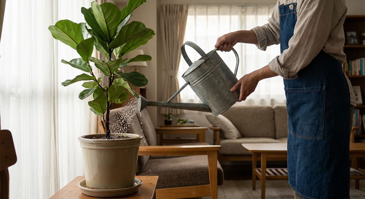 A person watering a fiddle leaf fig in a living room, water flowing from a metal watering can into a pot with drainage, natural window light, photorealistic