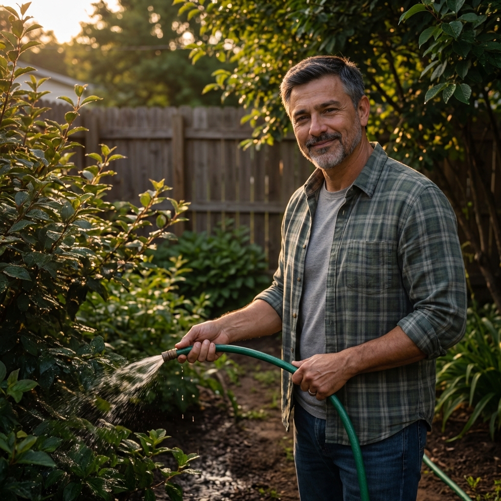 A person watering a shaded backyard area near shrubs on a mild evening