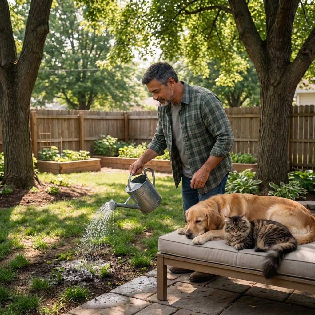 A person watering a shady patch of lawn near a patio where pets rest