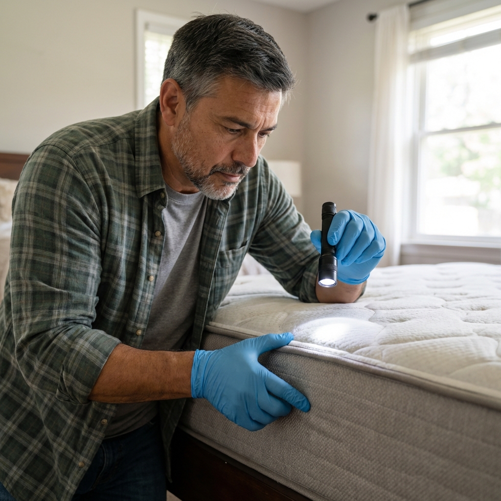 A person wearing disposable gloves carefully lifting the corner of a mattress to inspect the seam with a flashlight