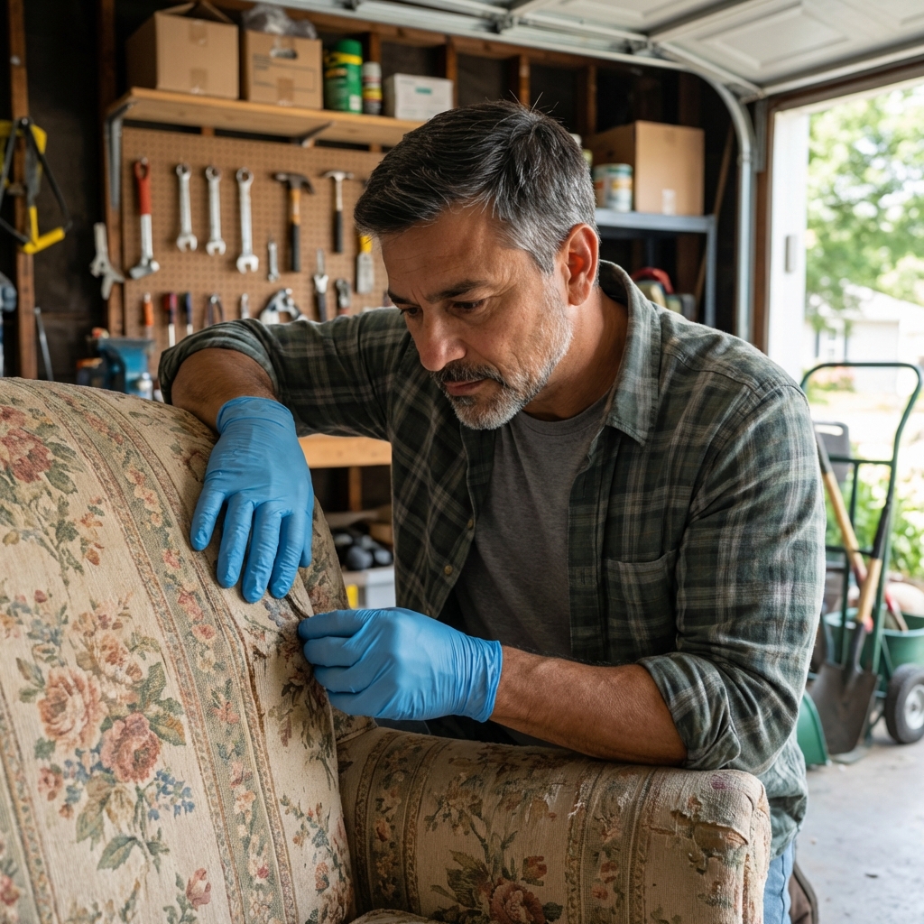 A person wearing disposable gloves inspecting the seams of a used upholstered chair in a garage
