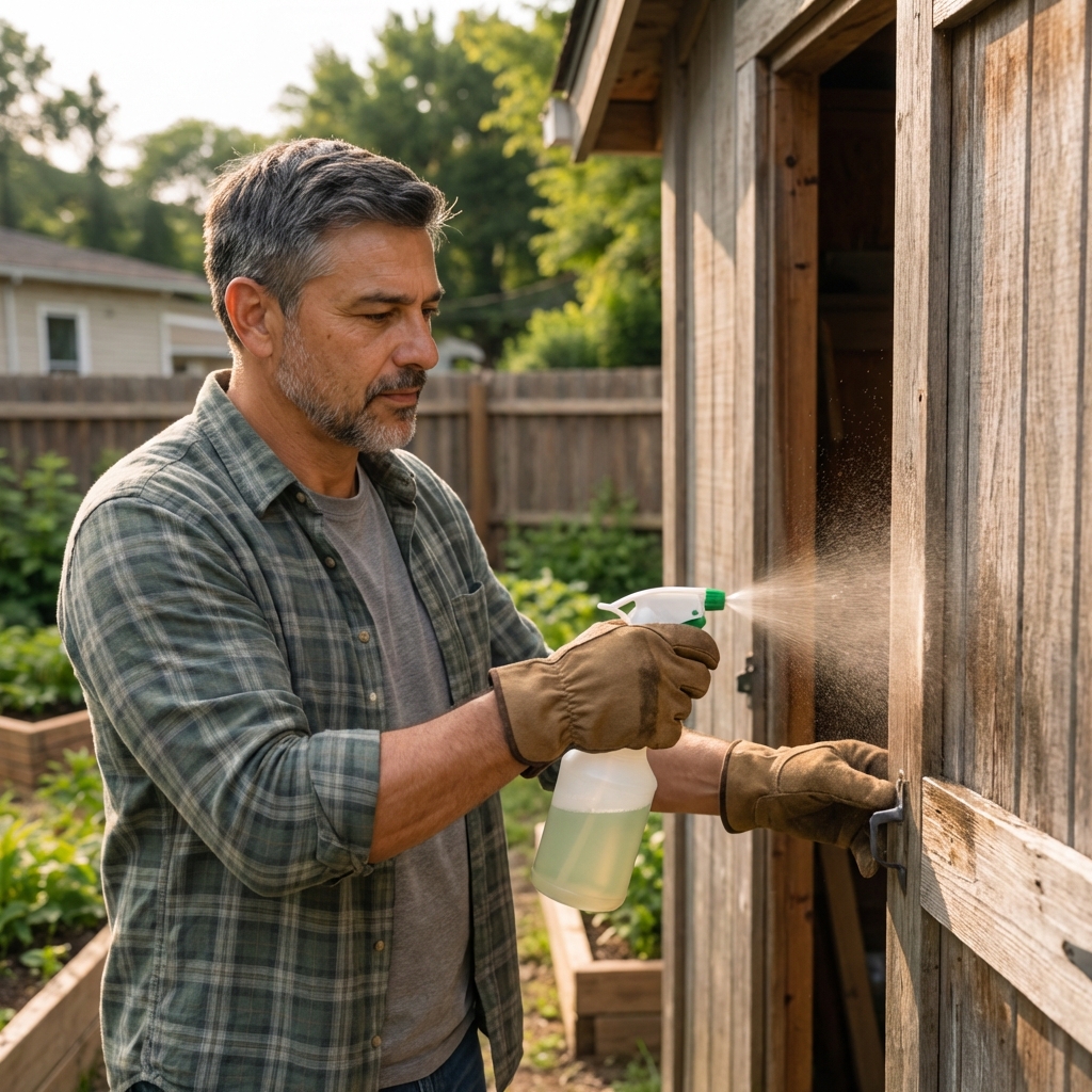 A person wearing garden gloves spraying a peppermint oil mixture along the outside edge of a shed door